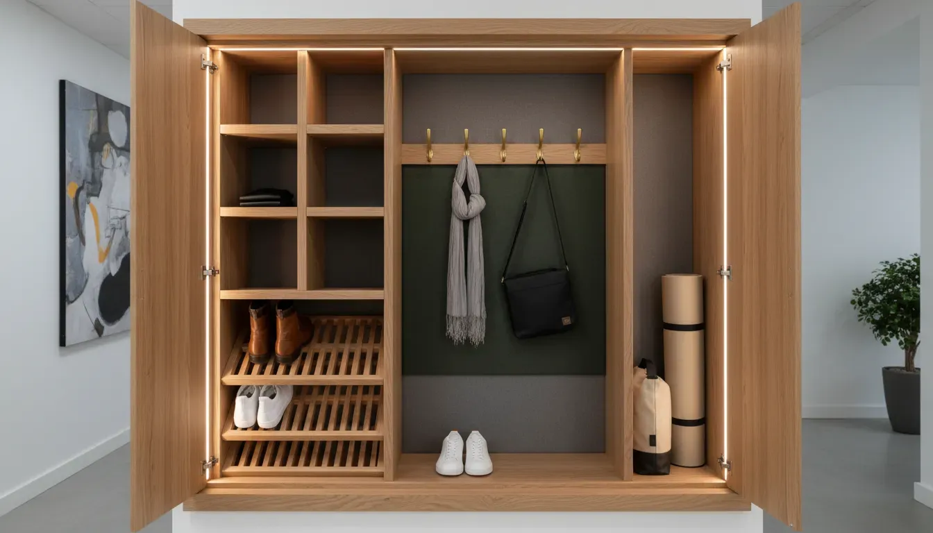 Interior view of a modern wood locker showing organized compartments, brass hooks, and shoe storage shelves