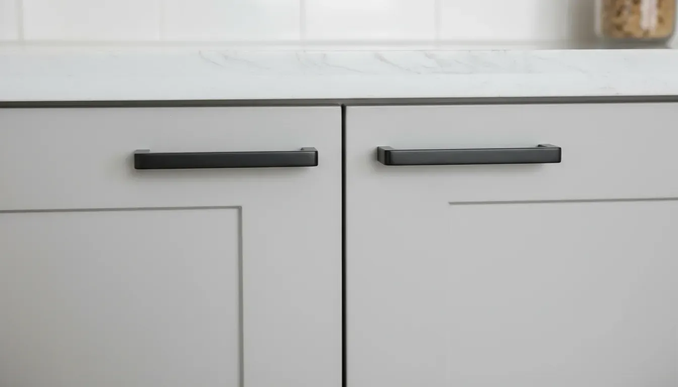 Detail shot of minimalist black metal cabinet pulls on a light grey cabinet door