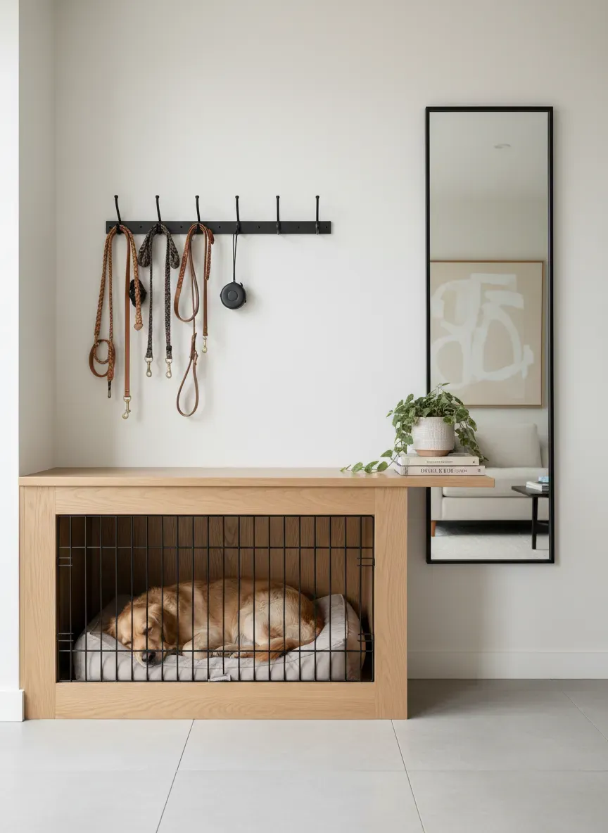 Modern entryway featuring built-in dog crate and leash hooks