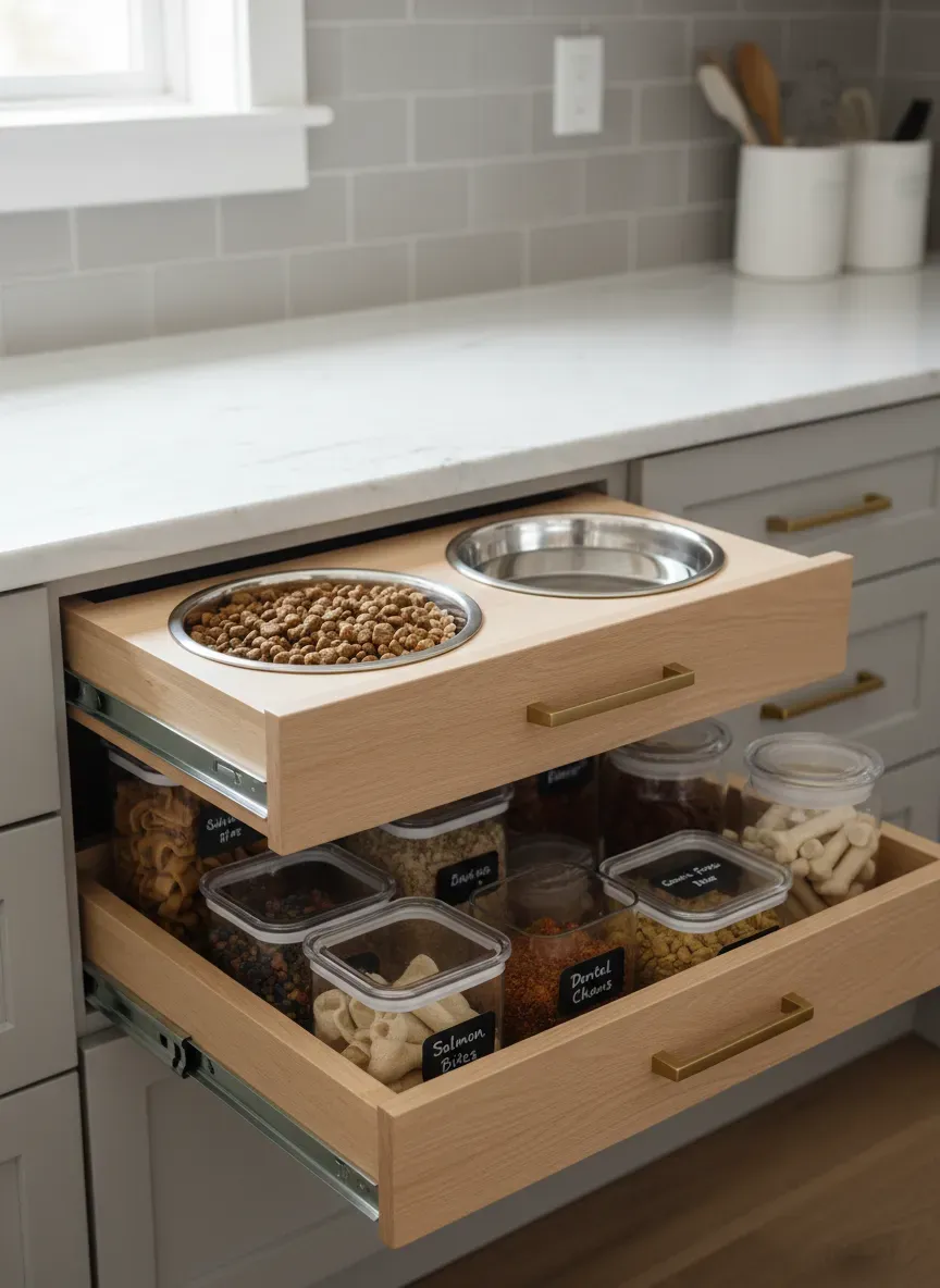 Detailed shot of a pull-out drawer with dog food bowls and storage