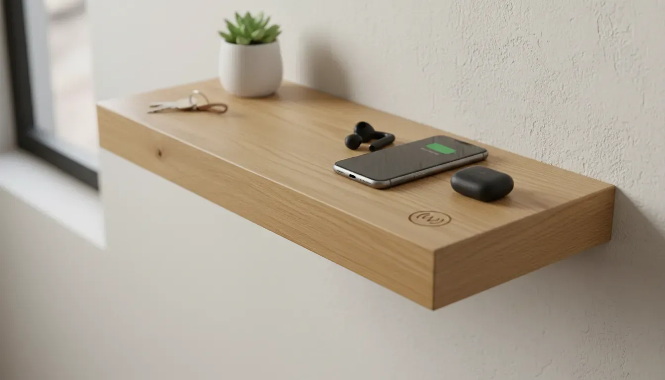 Close up of a wooden entryway shelf with a hidden wireless charging spot indicated by a subtle laser-etched icon
