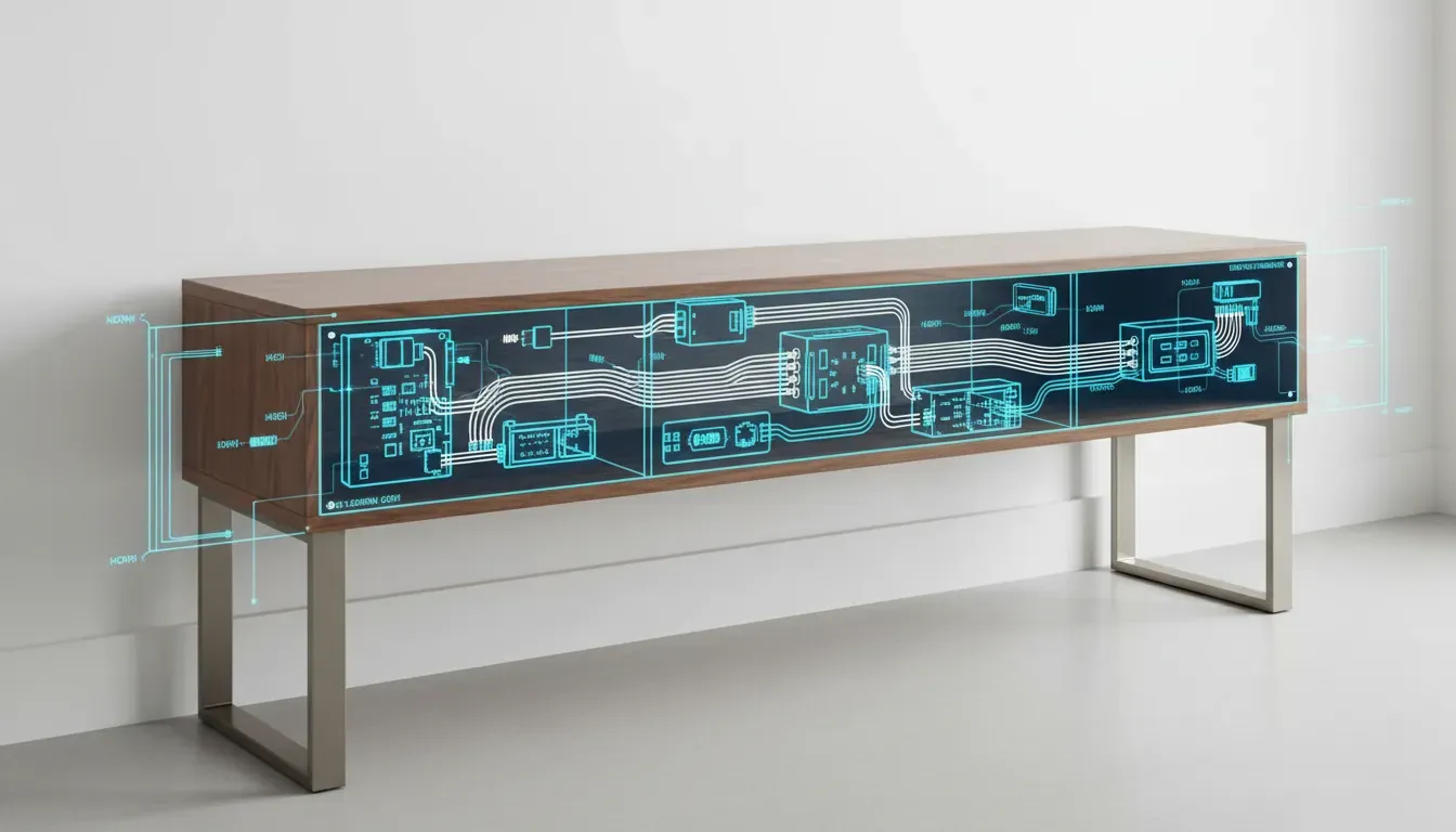 A schematic diagram overlay showing how cables are routed through the internal structure of a smart console table