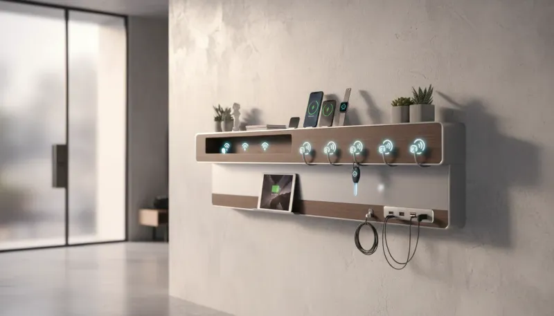 A modern entryway console table featuring built-in wireless charging pads and sleek digital key management hooks.