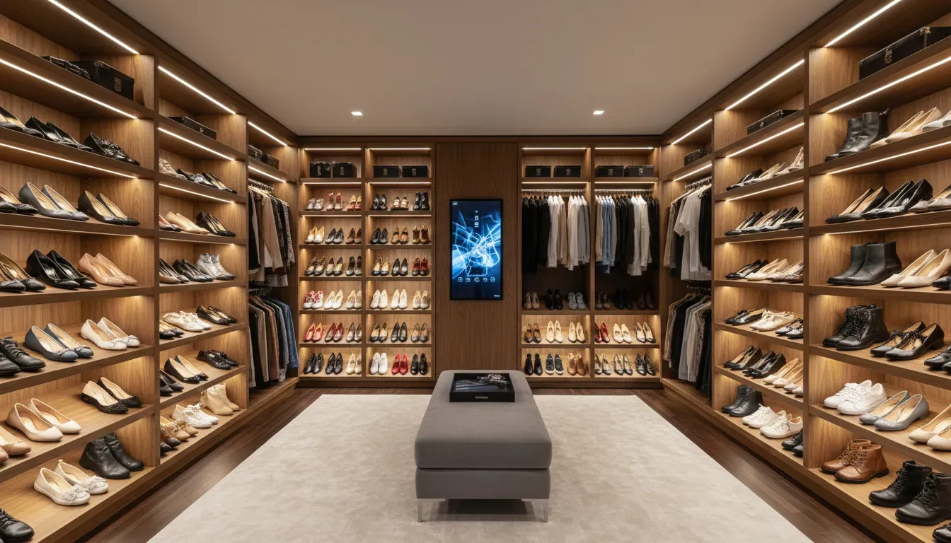 A perfectly organized walk-in closet with illuminated shoe shelves and a digital control panel on the wall