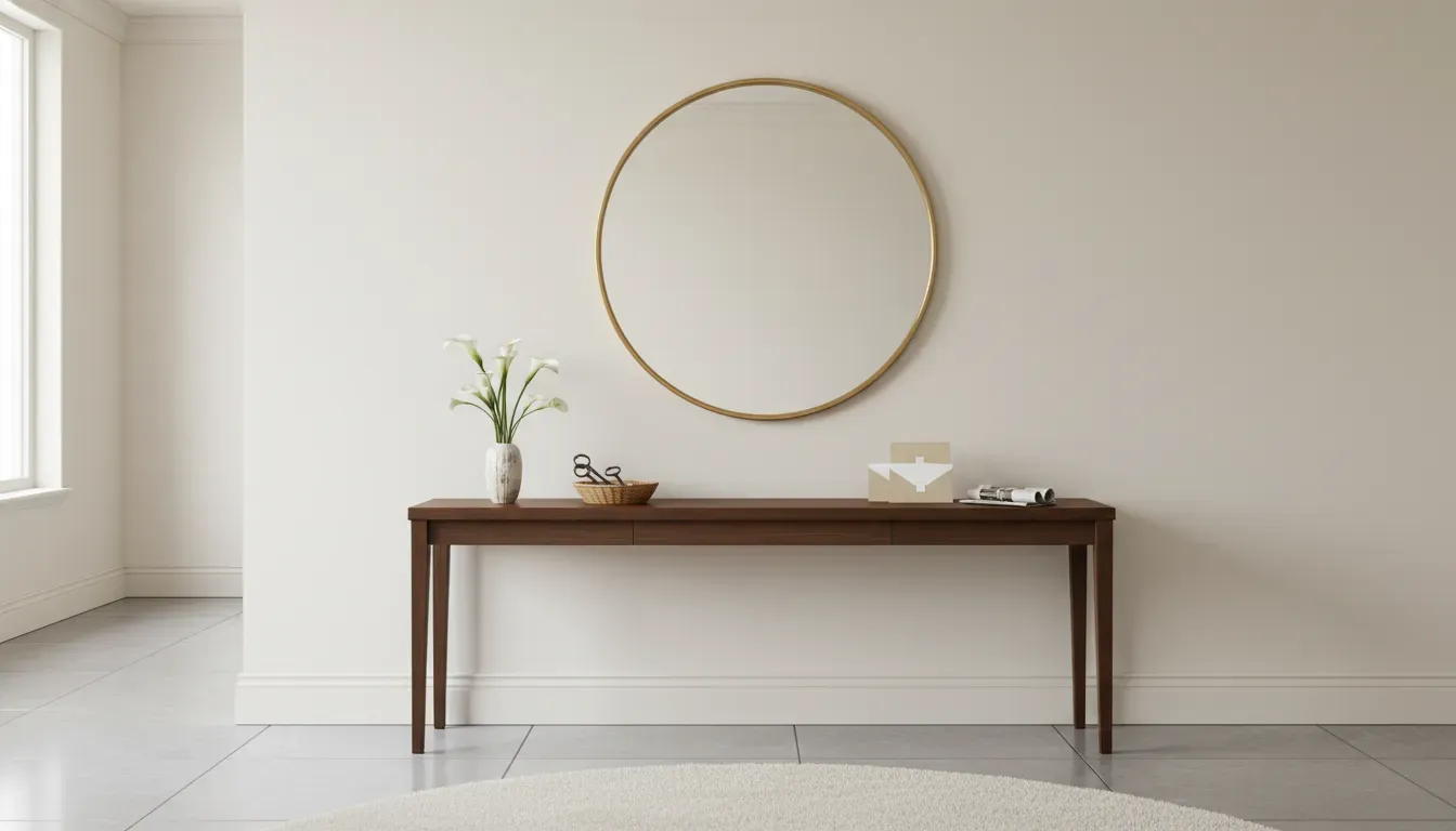 Elegant entryway with a round mirror above a slim console table holding keys and mail