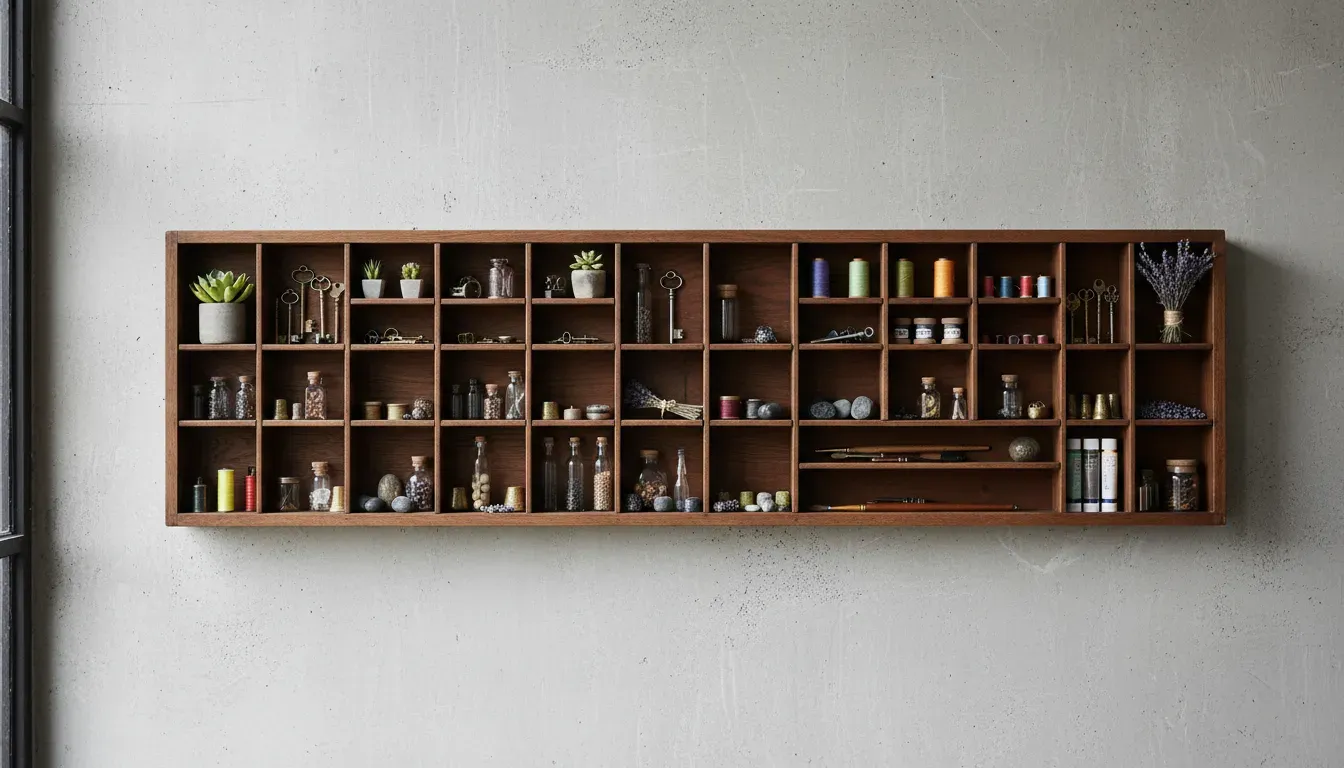 Vintage wooden letterpress drawer repurposed as a wall organizer for small items