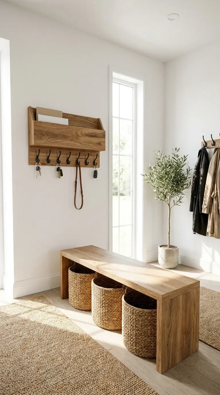 key holder for wall with hooks and upper mail shelf in a bright foyer