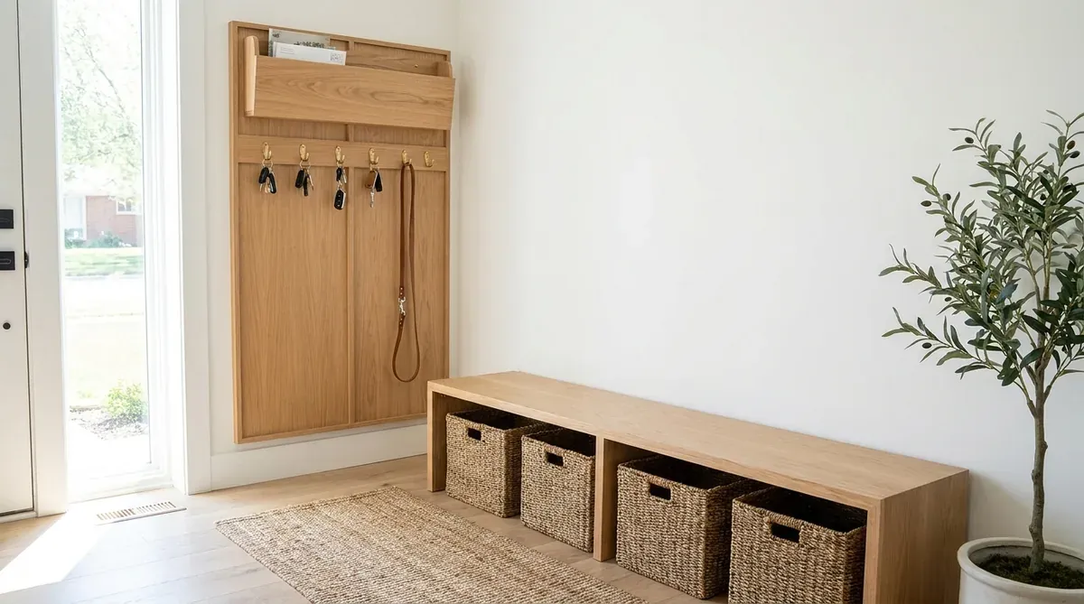 key holder for wall in modern entryway with mirror and bench styling