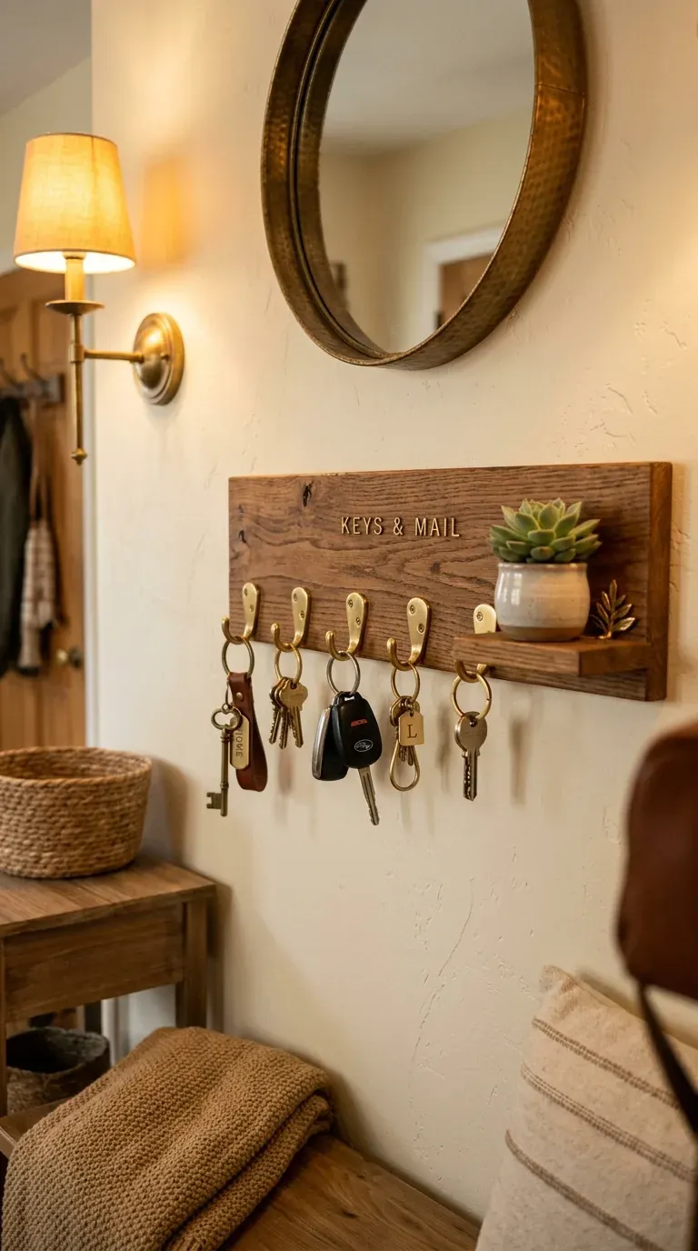 key holder for wall made of wood with brass hooks and small plant decor