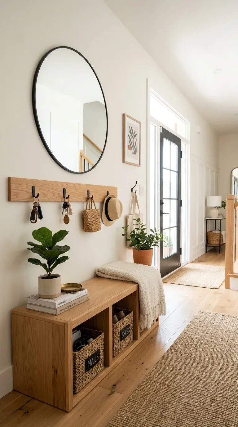 bright modern entryway with key holder for wall, mirror, bench and plant beside front door