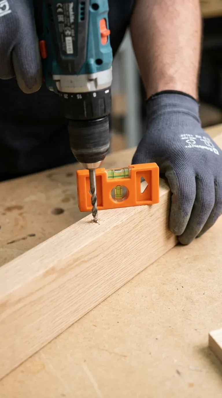 hands installing key holder for wall with drill, level and drywall anchors close-up