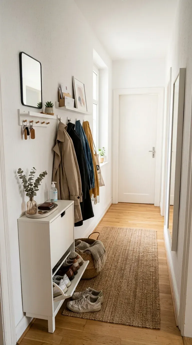 narrow apartment hall with white key holder for wall, coats and shoe cabinet