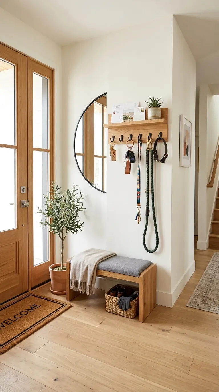 close-up detail of key hook and shelf wood grain with black J-hook holding brass keys