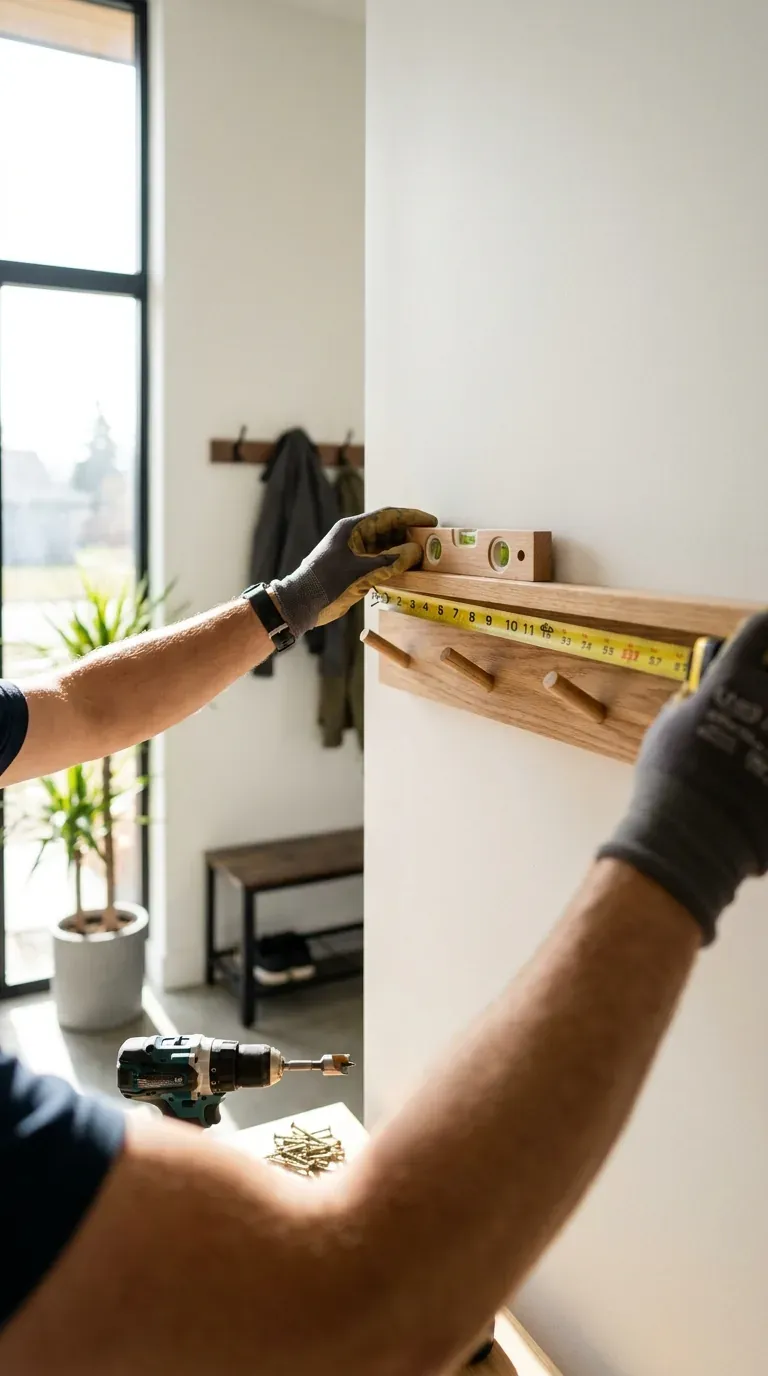 person measuring mounting height for key hook and shelf install at 57 inches with level