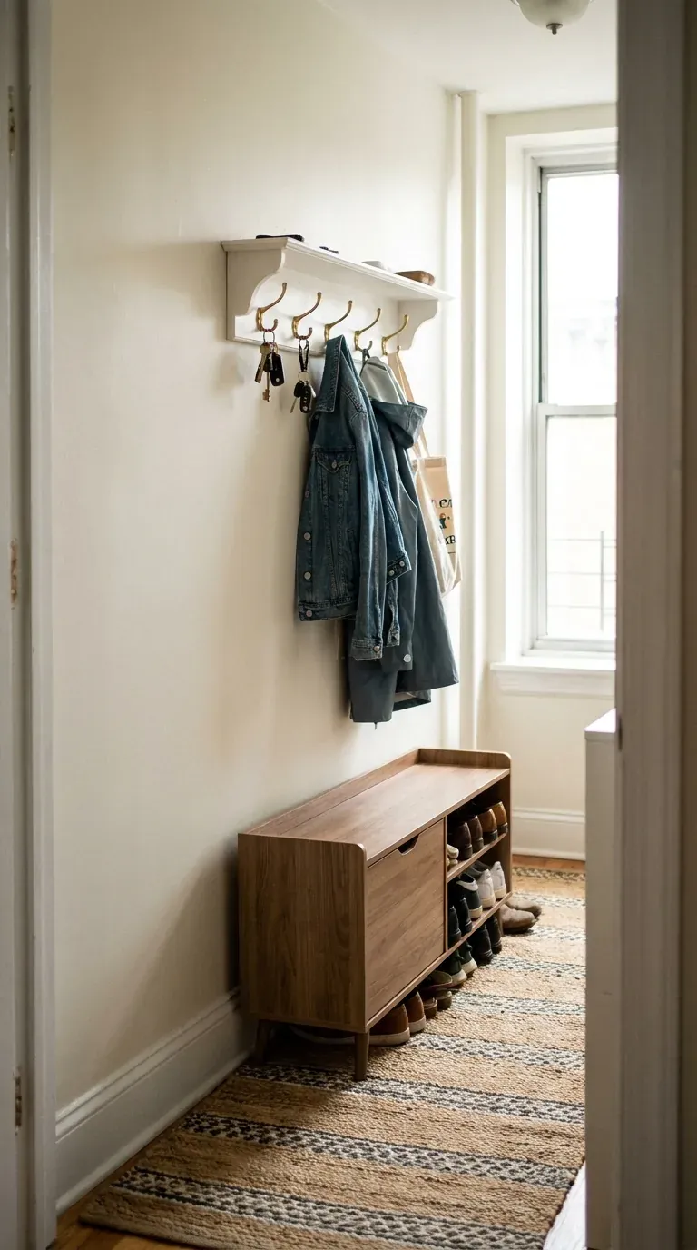 small white key hook and shelf with 4 hooks in narrow apartment hallway