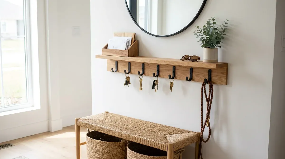 key hook and shelf mounted above bench with baskets and mirror in bright entryway