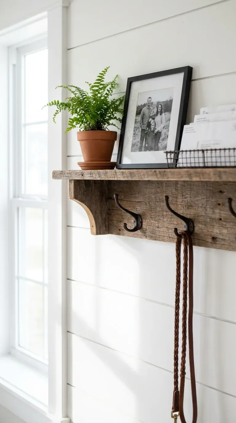 styled farmhouse key hook and shelf vignette with plant frame mail and leash