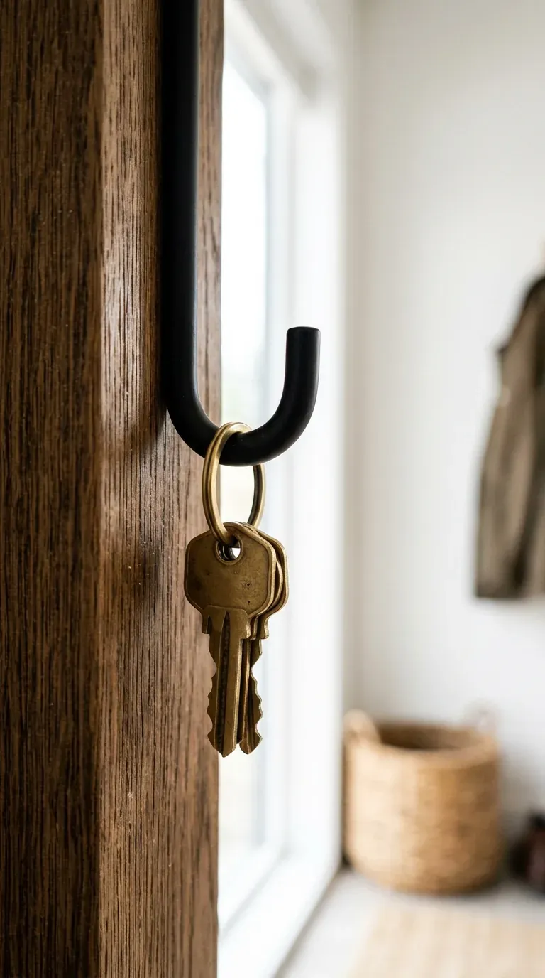 keychain holder for wall in modern entryway with wooden rail and mail shelf