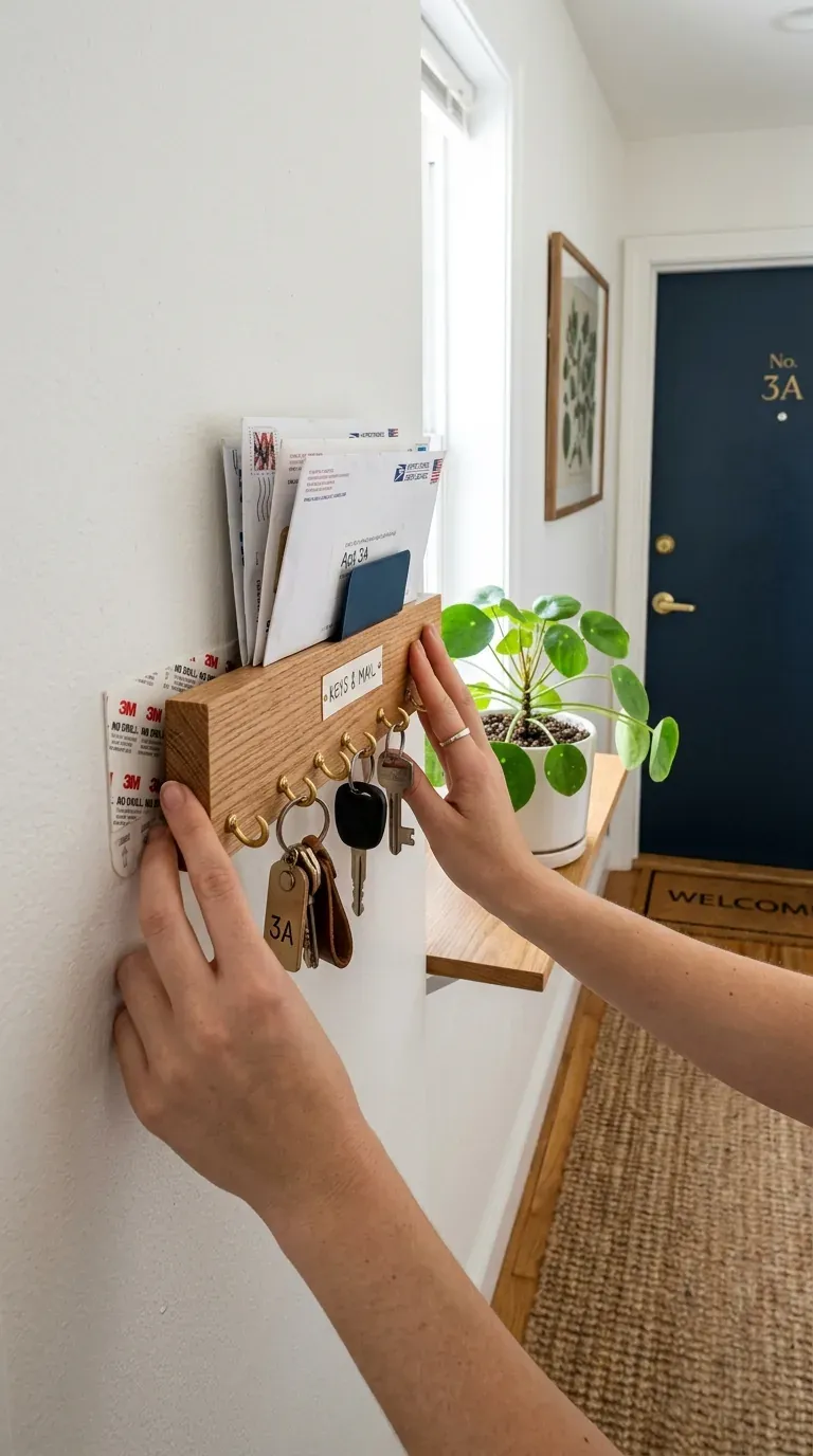 keychain holder for wall for renters with adhesive mount in small apartment hallway