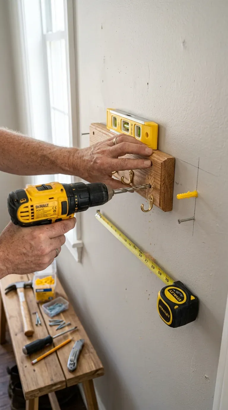 keychain holder for wall installation with drill, anchors and level on entryway wall