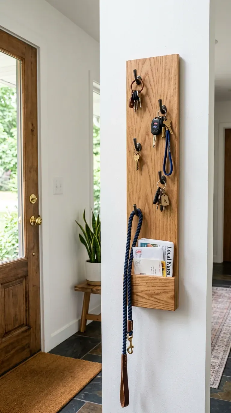 Wide bright modern entryway with keychain holder for wall, wooden rail, bench and baskets