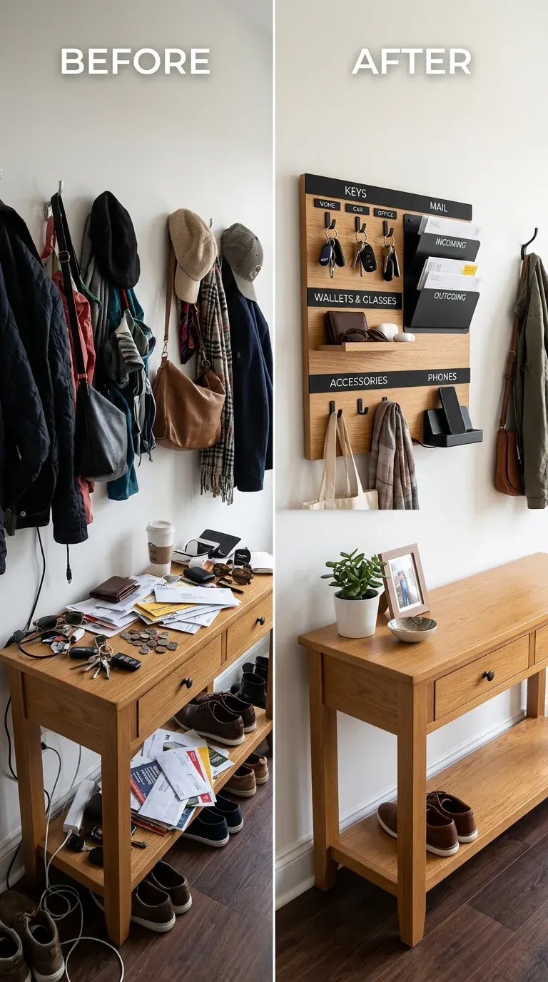 Side-by-side comparison of cluttered key bowl versus organized keychain holder for wall rail