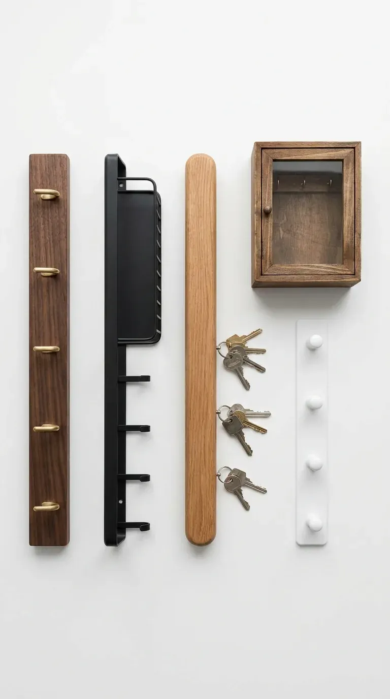 Flat lay of five types of keychain holder for wall - wood rail, metal rail, magnetic bar, cabinet and mail combo