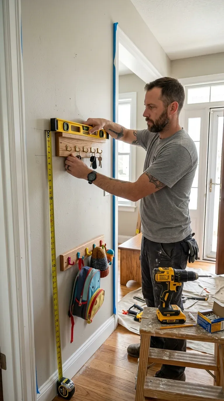 Person mounting keychain holder for wall wood rail at 57 inches with level and tape measure