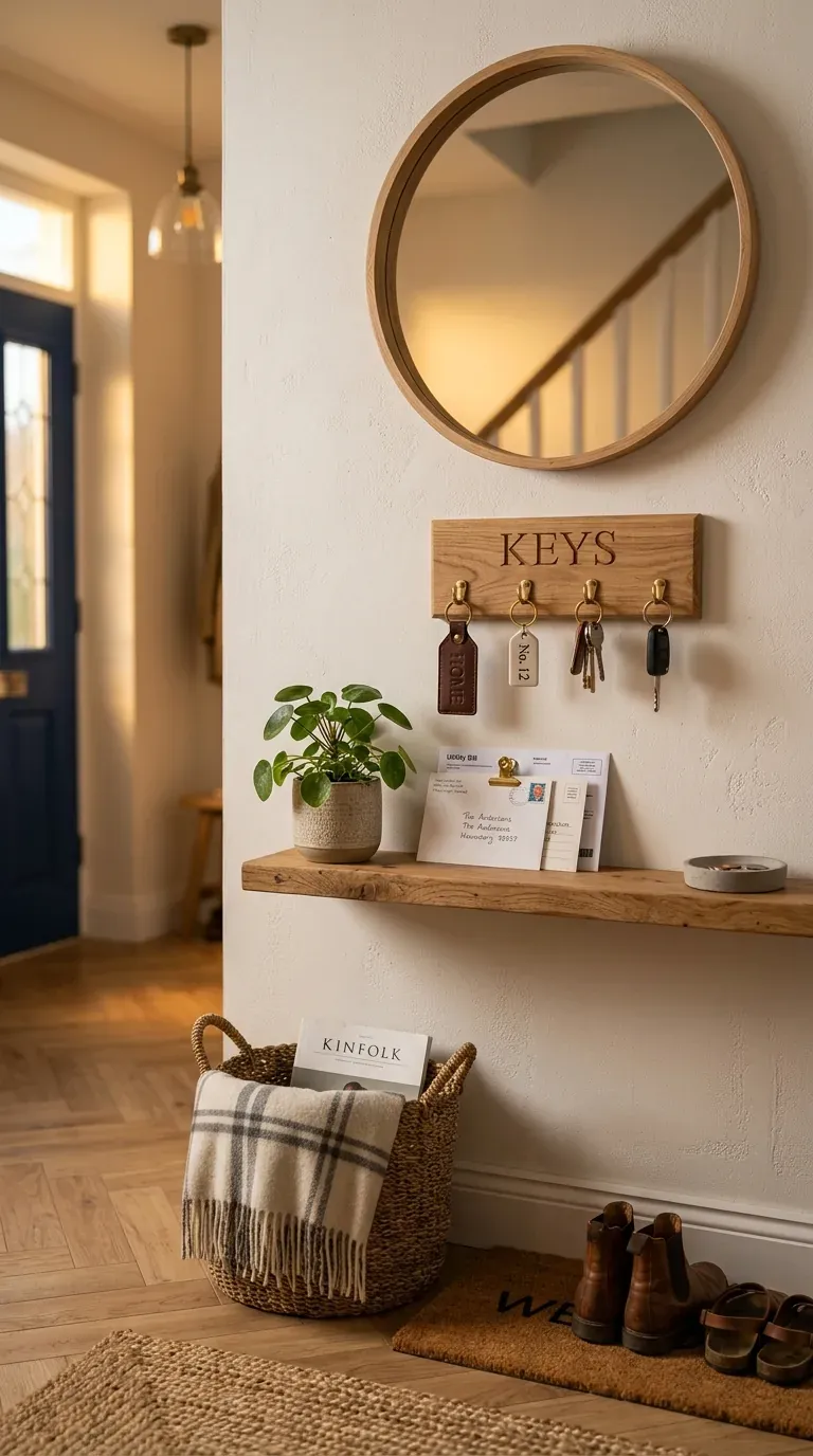 Styled entryway vignette with keychain holder for wall, round mirror, small plant and woven basket