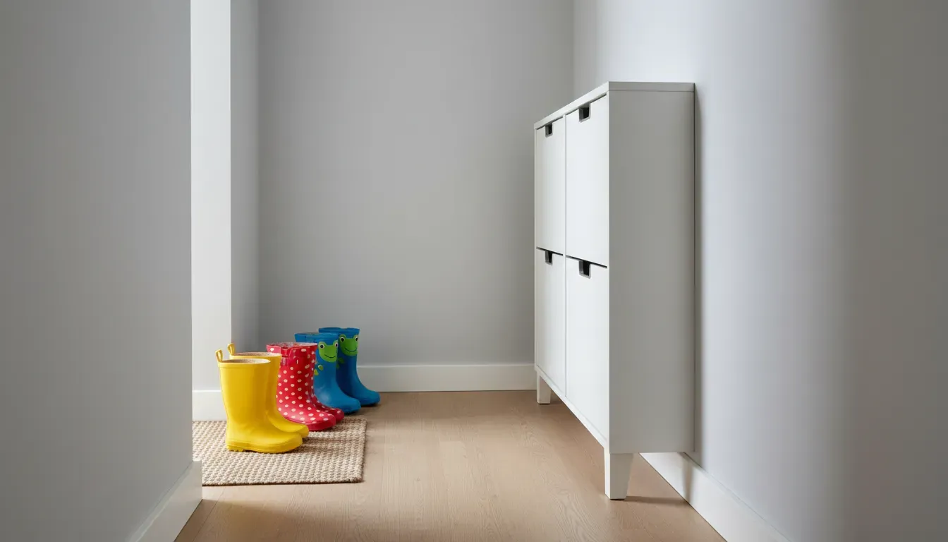 Minimalist white tip-out shoe cabinet in a narrow hallway with children's colorful rain boots placed neatly beside it