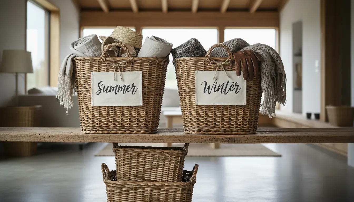 Wicker baskets labeled Summer and Winter sitting on a rustic wooden shelf, demonstrating seasonal storage rotation