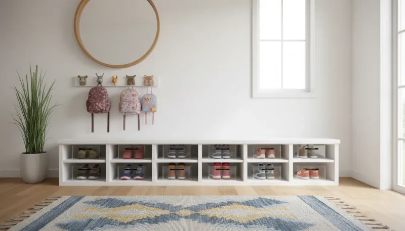 A tidy, modern entryway featuring low-profile wooden cubbies filled with colorful children's shoes and labeled wicker baskets.