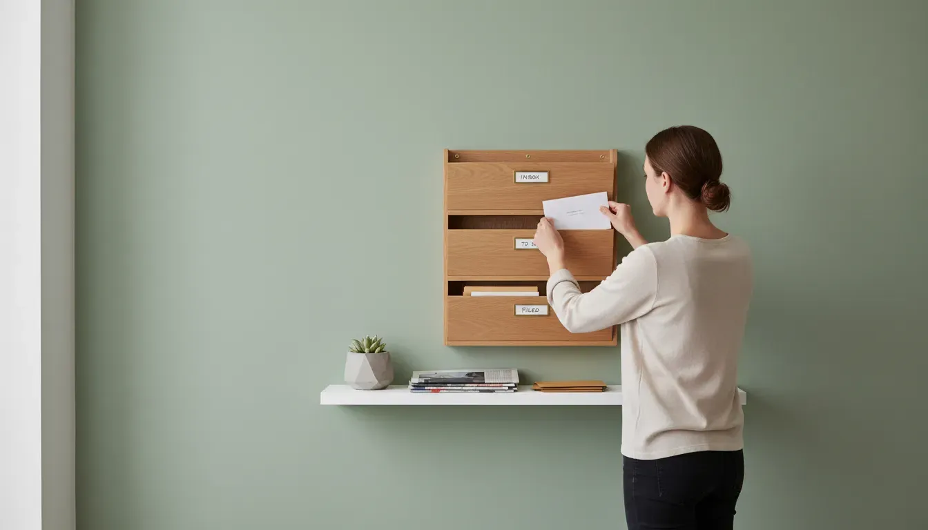 A person sorting mail into a three-tier wooden wall organizer labeled with categories