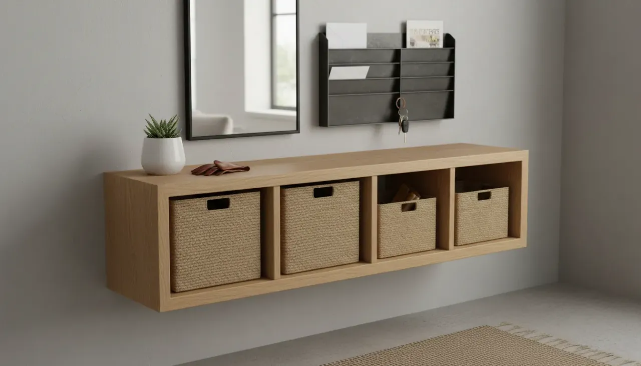 A stylish wooden entryway organizer mounted on a wall with sorted mail and hanging keys