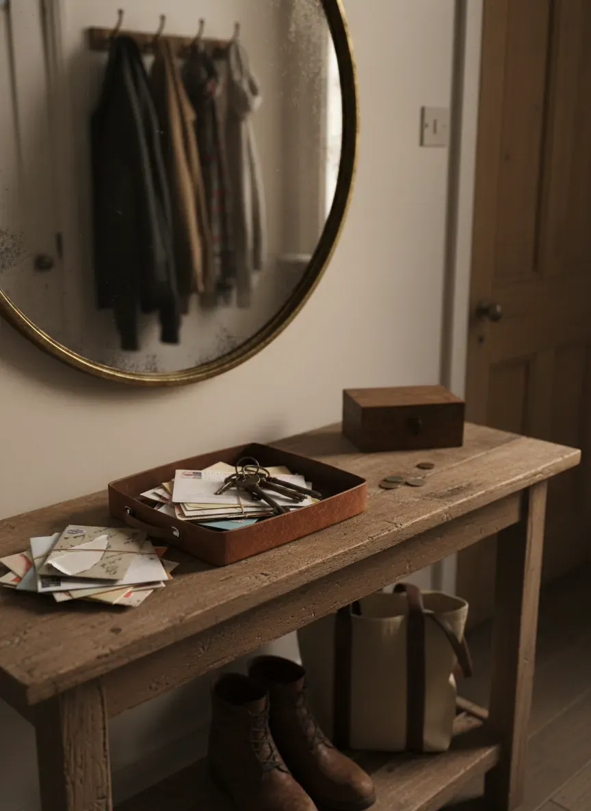 A busy entryway scene showing a wooden console table with keys and mail, highlighting the wear and tear of daily life