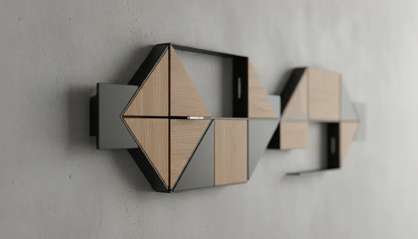 A close up of fold-away wall hooks that look like modern art when closed