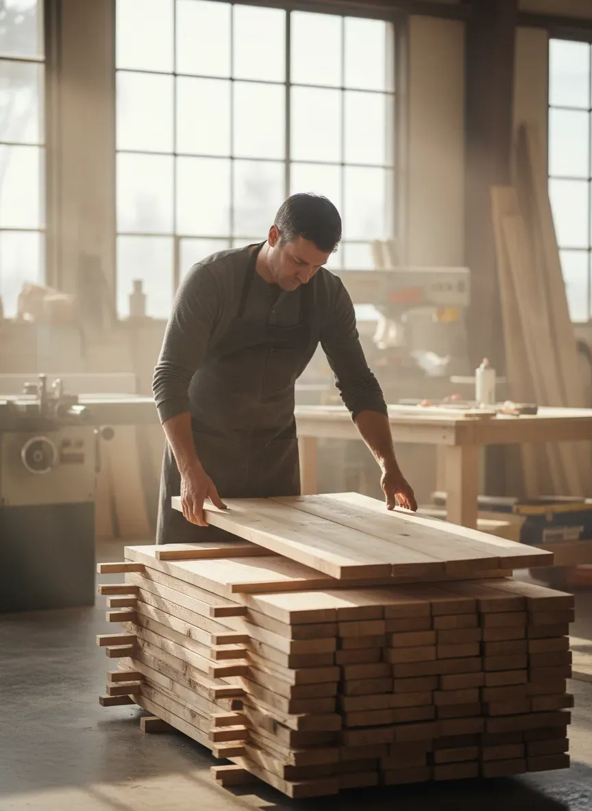 Selecting and stacking 2x4 boards for acclimation in a woodworking shop