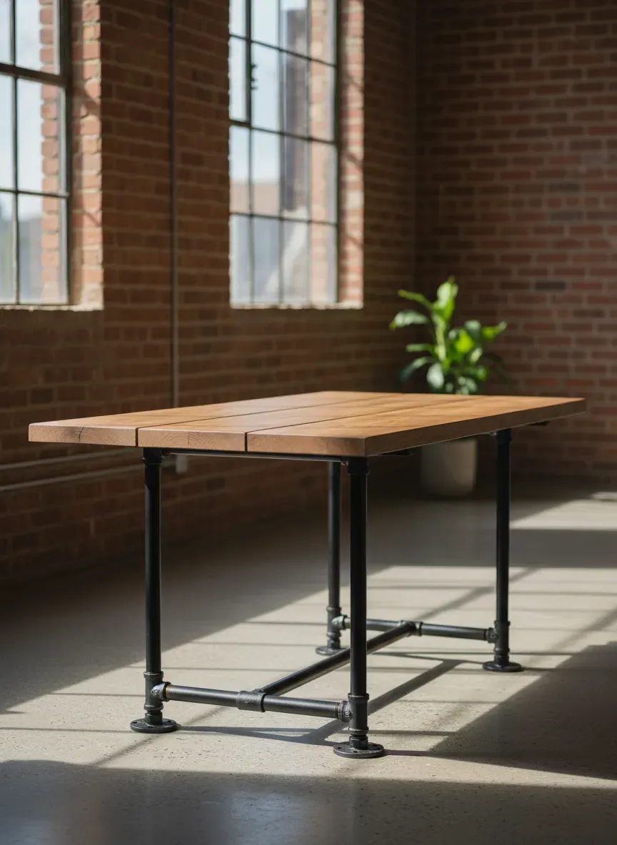 A modern industrial table built from milled 2x4s and black steel pipe legs