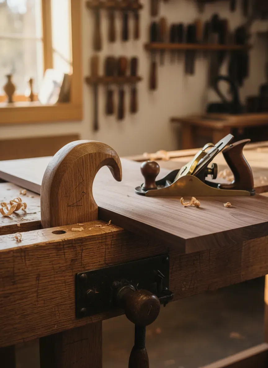 A traditional Roubo-style workbench featuring a massive oak bench crochet engaged with a long walnut board during edge planing