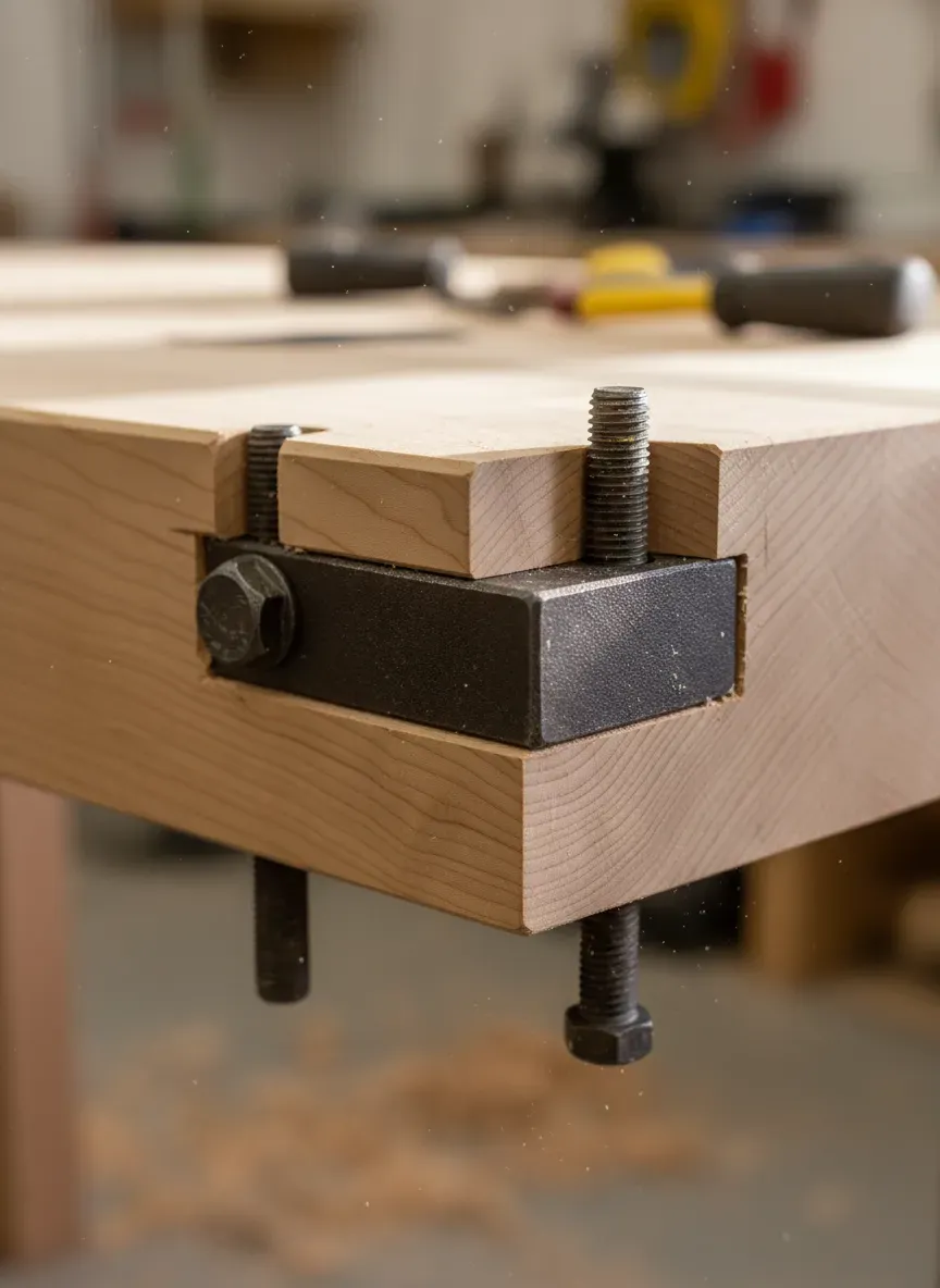 Detailed close-up of a bench crochet's internal wedge angle, showing the grain orientation and heavy bolt mounting technique on a thick maple bench top
