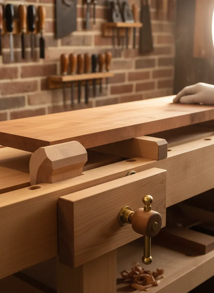 A woodworker adjusting a sliding deadman to support a long cherry board while the front end rests securely in a beautifully chamfered bench crochet