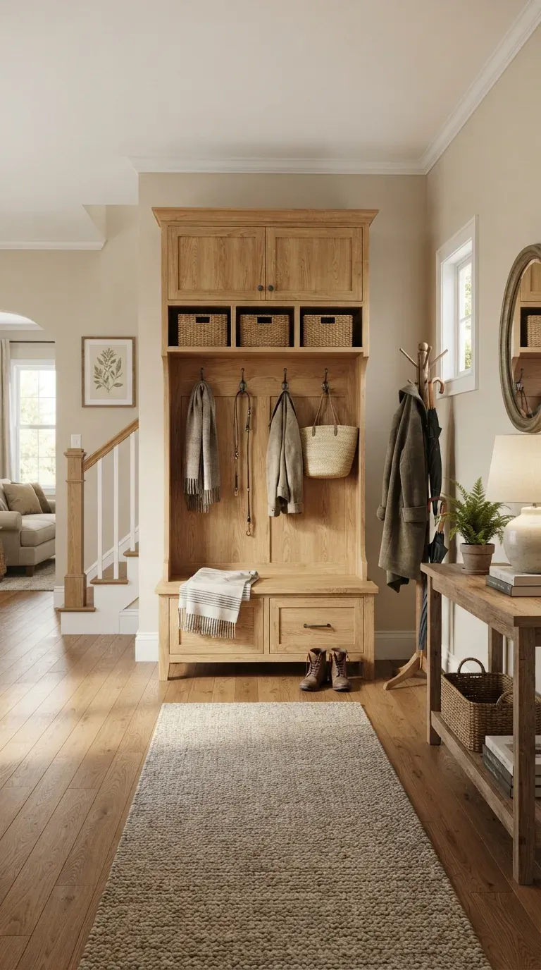 Hall tree with storage drawers entryway setup - natural oak bench with drawers open
