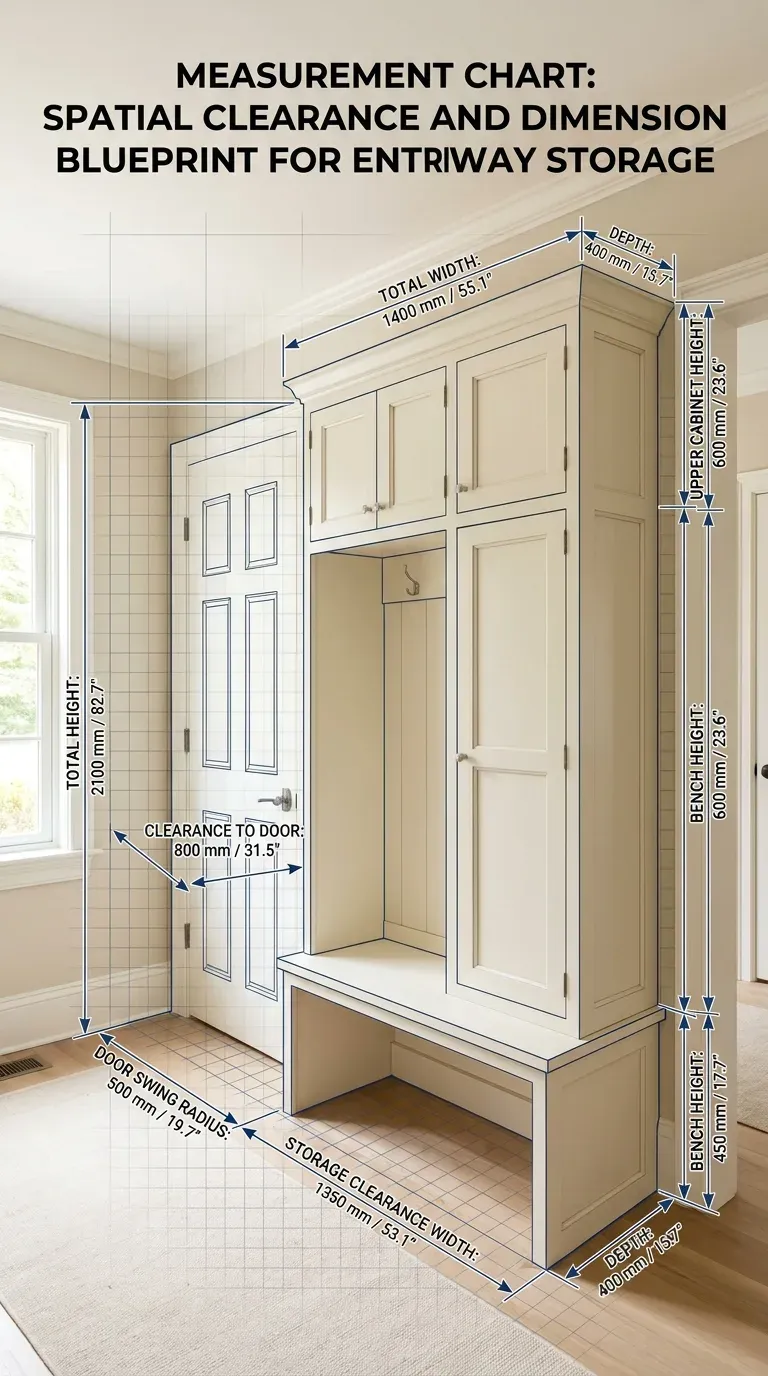 Hall tree spatial clearance blueprint - door swing and drawer pullout corridor measurements