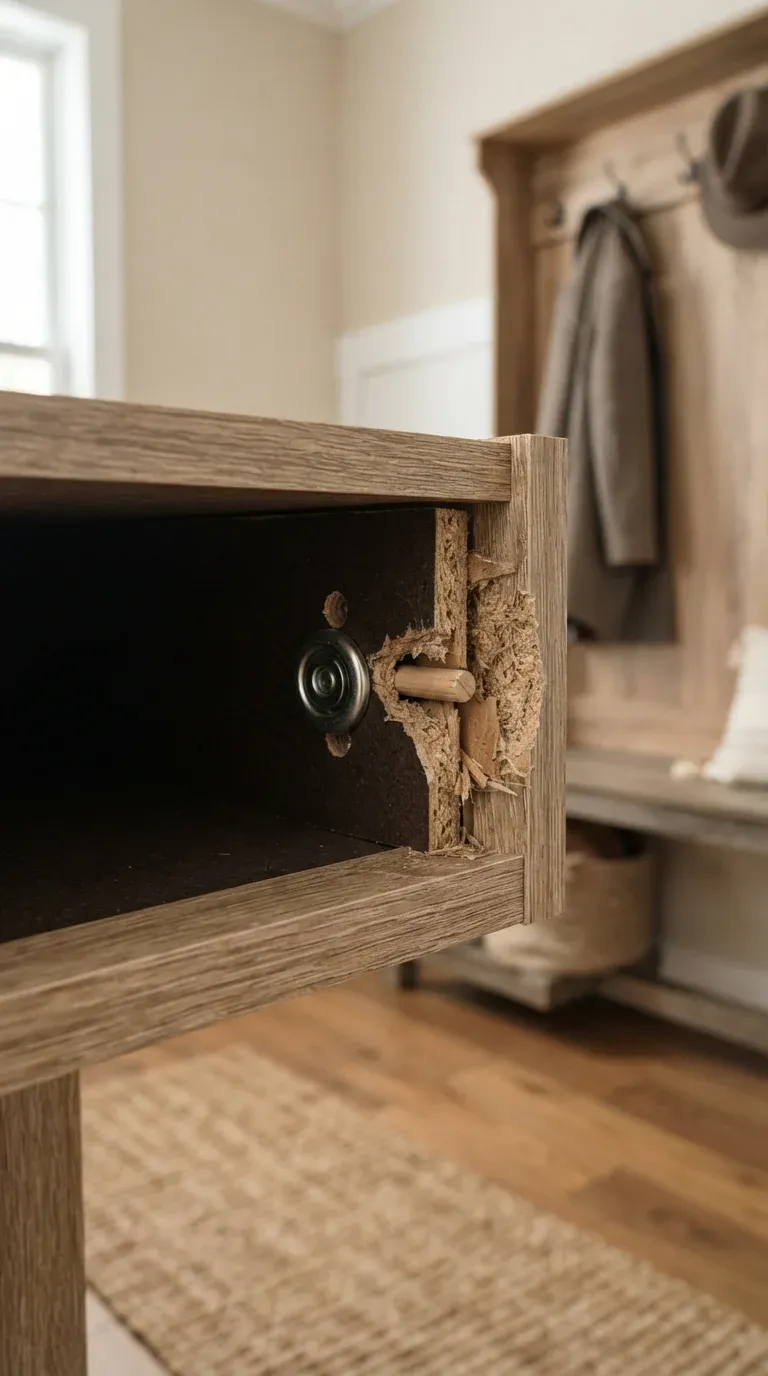 Hall tree cam-lock defect - failed zinc alloy fastener in particle board