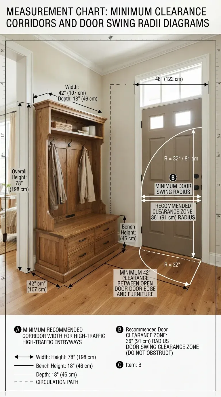 Hall tree minimum clearance corridors and door swing radius diagram