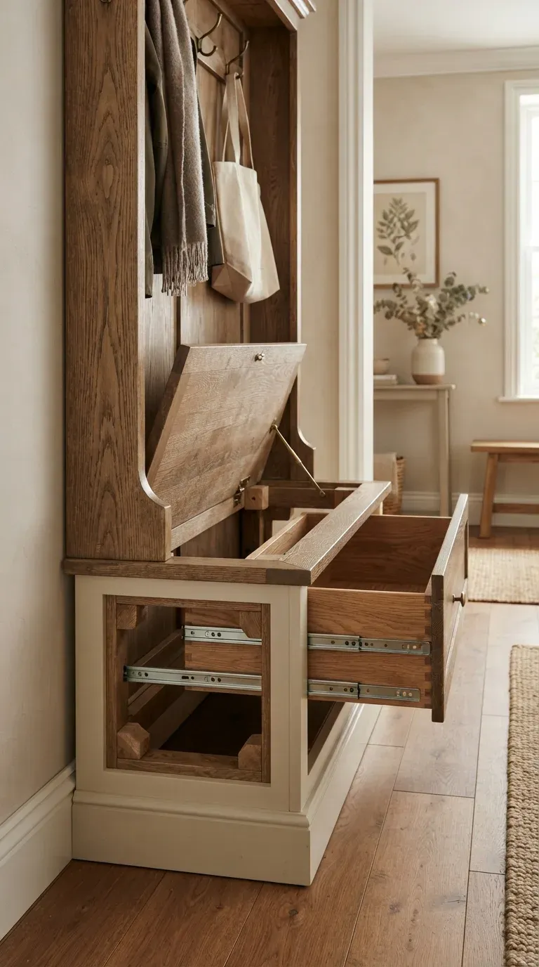 Hall tree under-bench bracing and 1.2mm ball-bearing drawer slide mechanism