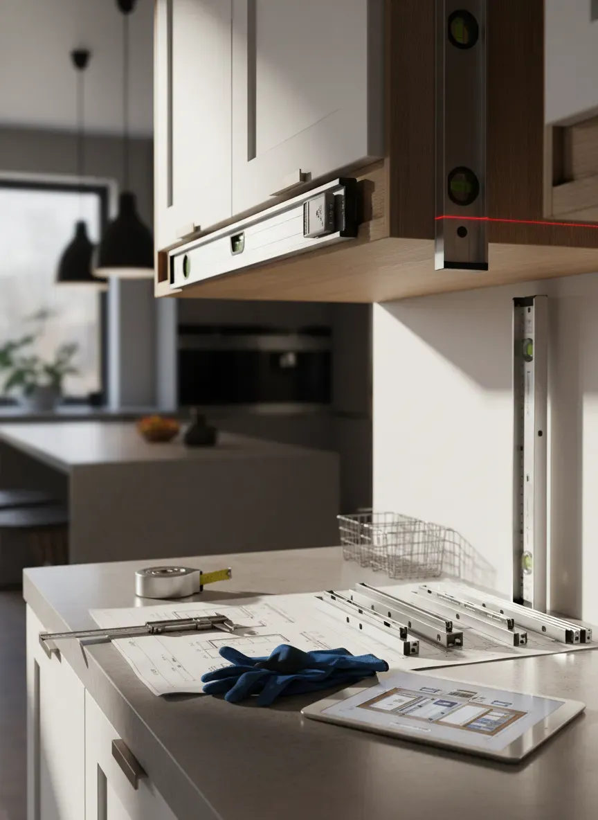 Assessing under-cabinet structural topography and measuring clearance for storage tracks