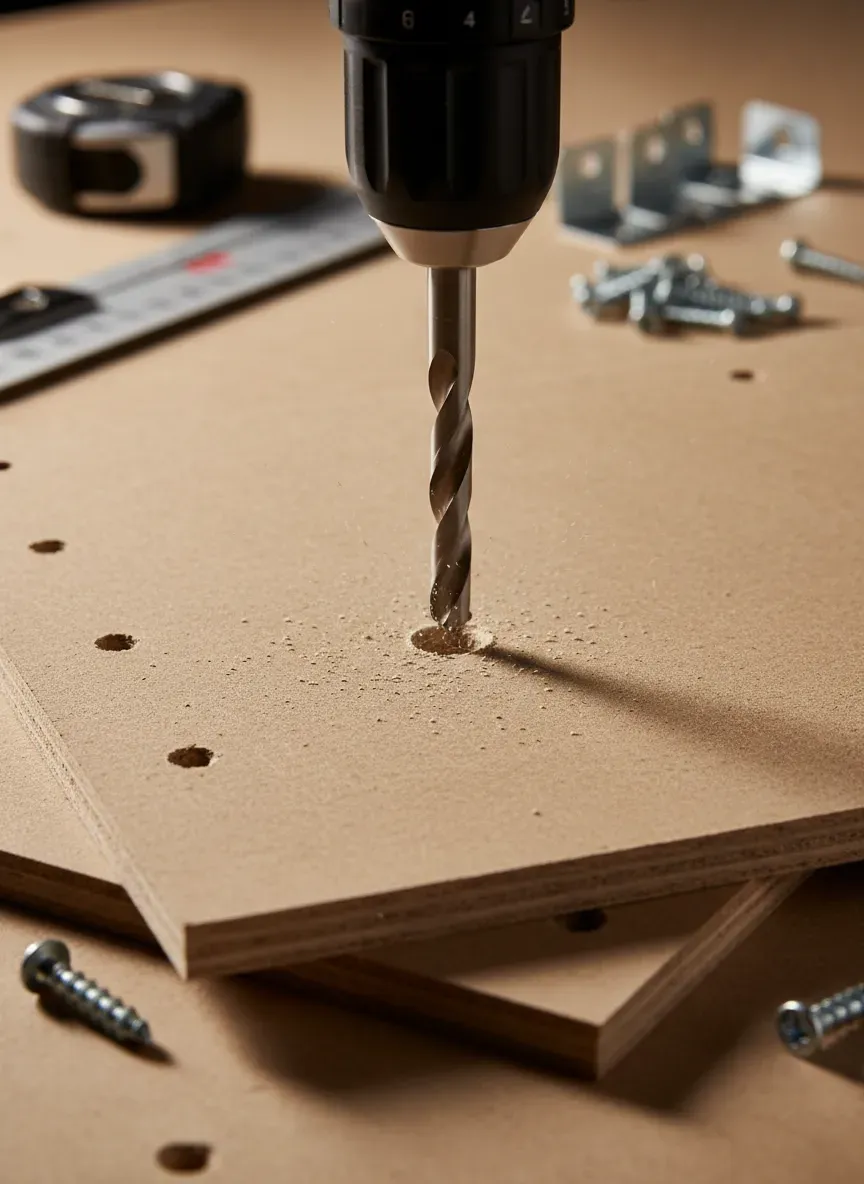Detail shot of precision pilot hole drilling in MDF cabinet substrate for secure mounting