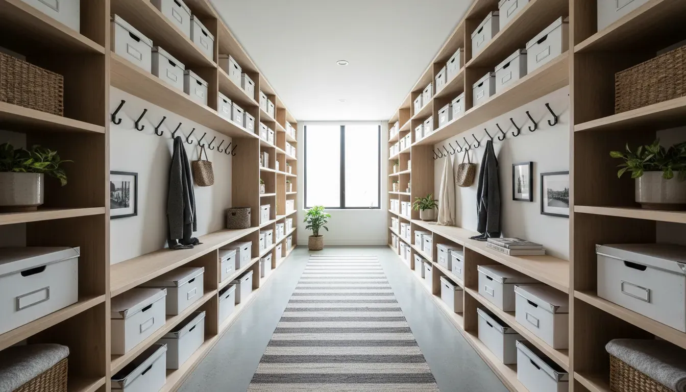 A narrow hallway utilizing floor-to-ceiling shelving and wall hooks to maximize vertical storage space