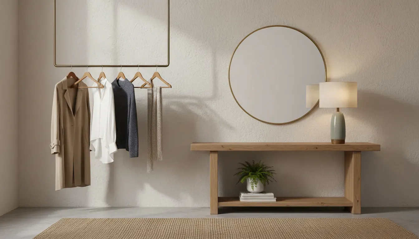 A styled entryway with a round mirror, table lamp, and matching wooden hangers on an open rail